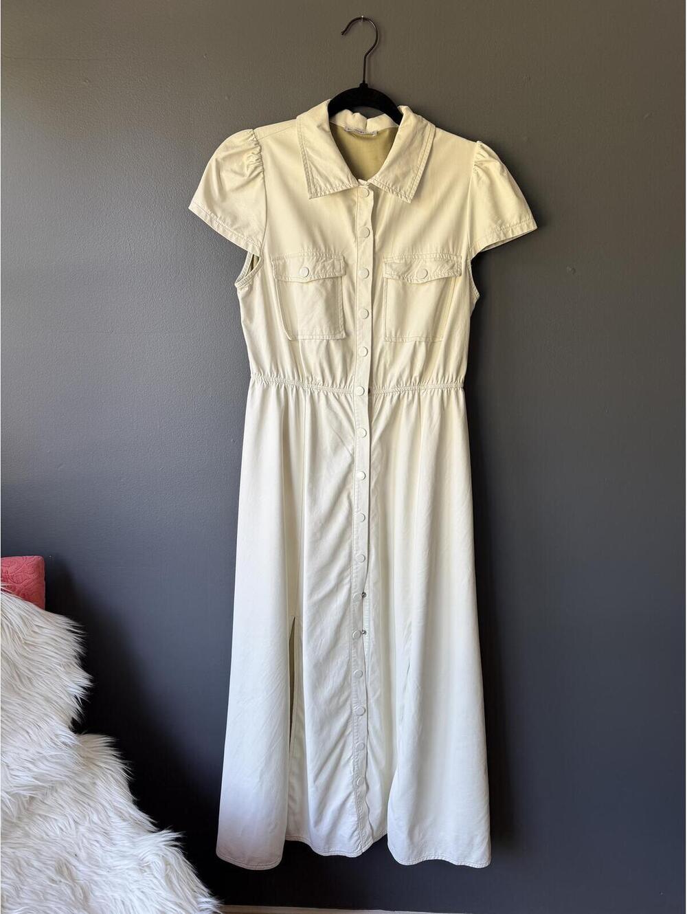 Cream Faux Leather Button-Front Midi Dress with Short Sleeves and Pockets